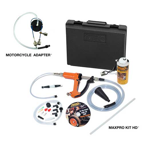 The image depicts a Phoenix Systems MaxProHD Reverse Bleeder with Motorcycle Adapter, a tool for single-person brake bleeding on motorcycles. It consists of a reservoir, pump, and hose with various fittings.