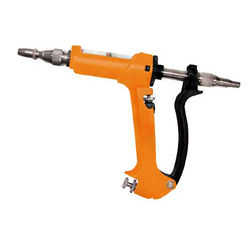 It is a close-up of a syringe-like tool with a orange barrel and a black handle. A syringe-like tool is used to inject fluid into a brake system.