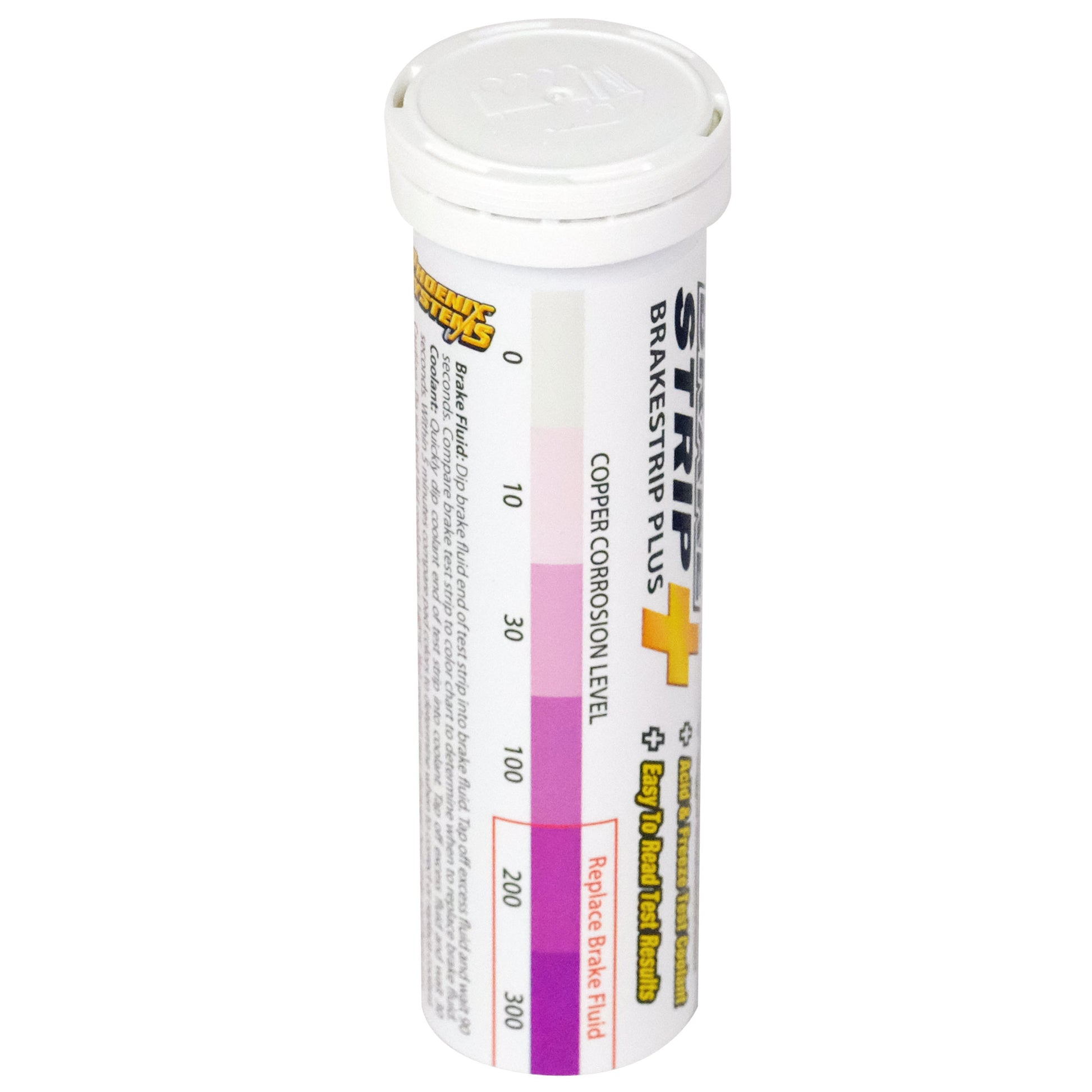 The image depicts a BrakeStrip Plus coolant test kit, a tube containing double-ended test strips for checking a vehicle's coolant condition. A label on the tube displays a color chart to interpret test results and likely warnings about hot coolant.