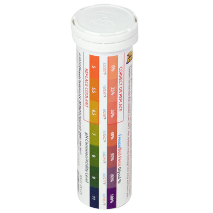 The image depicts a BrakeStrip Plus coolant test kit, a tube containing double-ended test strips for checking a vehicle's coolant condition. A label on the tube displays a color chart to interpret test results and likely warnings about hot coolant.