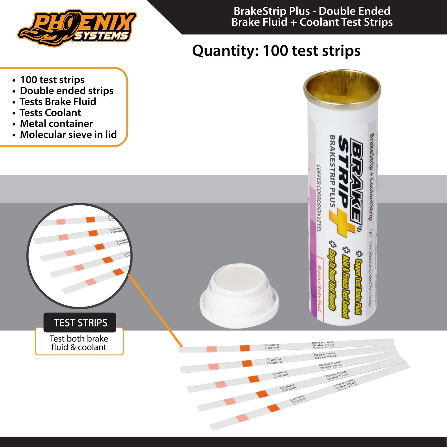 The image depicts a package of BrakeStrip Plus, containing 100 double-ended test strips designed for automotive service centers to assess brake fluid and coolant condition simultaneously. These easy-to-read strips come in a metal container with a lid featuring a molecular sieve for storage.