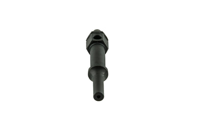 a tool called a brake bleed screw remover. It is a small, black metal tool that is used to remove stripped or damaged brake bleed screws from calipers. The tool has a plunger with a hole in the center that fits over the damaged screw. A screw in the handle of the tool tightens a collet, which expands the plunger and grips the damaged screw. Once the screw is gripped, it can be turned out of the caliper.