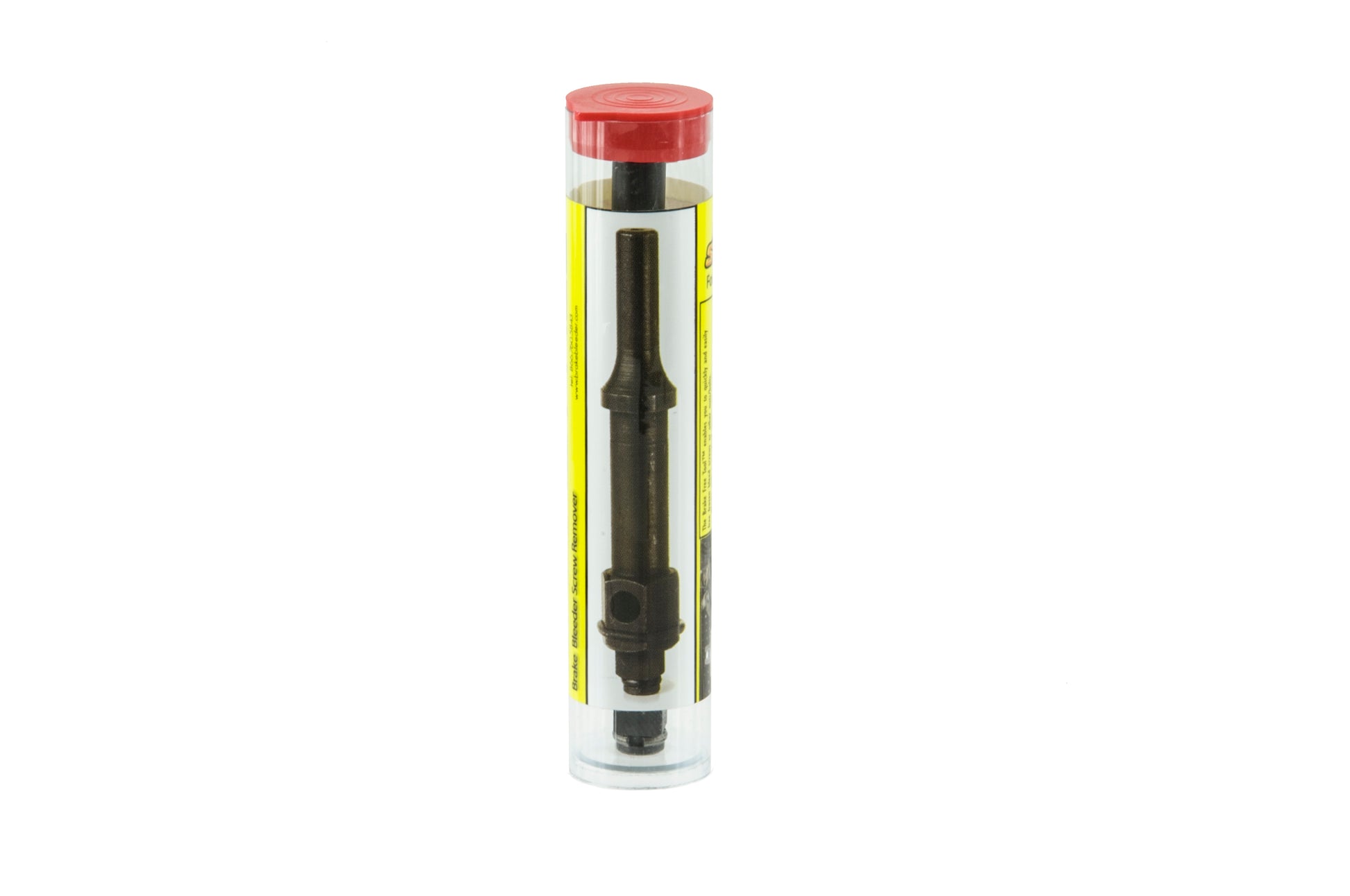 a tool called a brake bleed screw remover. It is a small, black metal tool that is used to remove stripped or damaged brake bleed screws from calipers. The tool has a plunger with a hole in the center that fits over the damaged screw. A screw in the handle of the tool tightens a collet, which expands the plunger and grips the damaged screw. Once the screw is gripped, it can be turned out of the caliper.