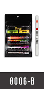 The image depicts a package of Coolant + Brake Fluid Test Strips by Phoenix Systems. It includes 15 strips with instructions for testing both coolant and brake fluid. To use, dip the designated end of the strip into the corresponding fluid, wait for the specified time, and compare the resulting pad color to a chart on the package to assess freeze/boil point, glycol content, corrosion levels, and the need for replacement.