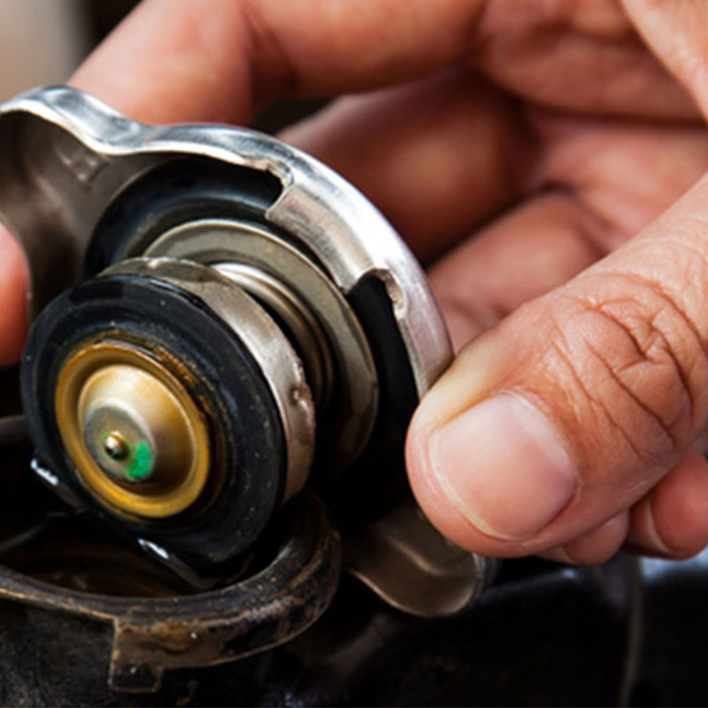 The image shows a close-up of a person holding a radiator cap.