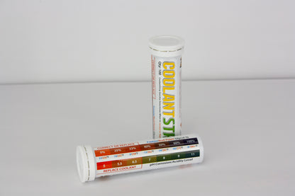 A package of coolant test strips is depicted, likely containing 100 strips. A chart on the package translates the color change of the dipped strip into coolant health readings like freezing point, boiling point, and acidity. This helps you decide if your car's coolant needs replacing to prevent engine overheating.