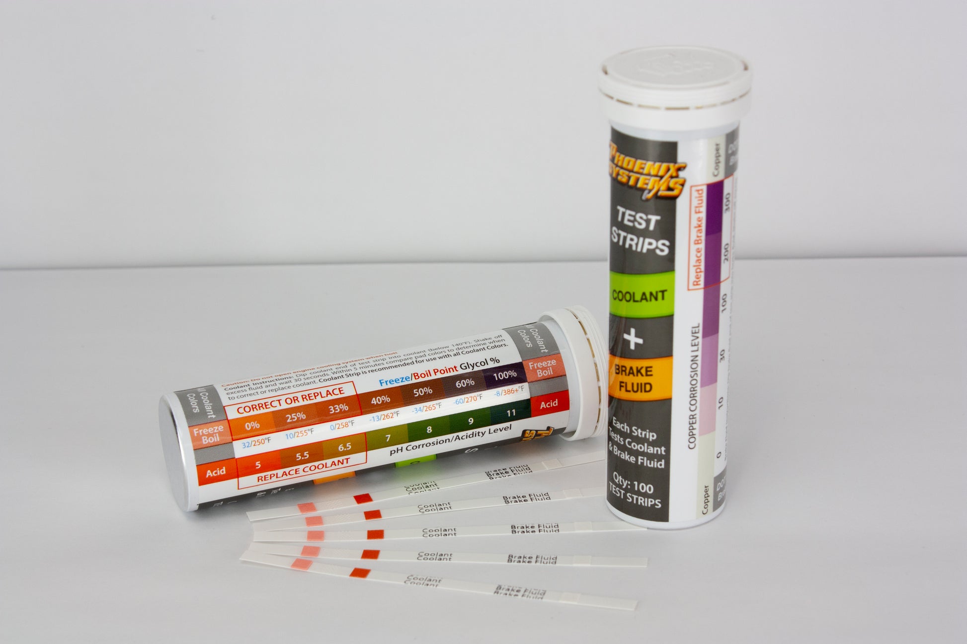 A package of coolant test strips is depicted, likely containing 100 strips. A chart on the package translates the color change of the dipped strip into coolant health readings like freezing point, boiling point, and acidity. This helps you decide if your car's coolant needs replacing to prevent engine overheating.