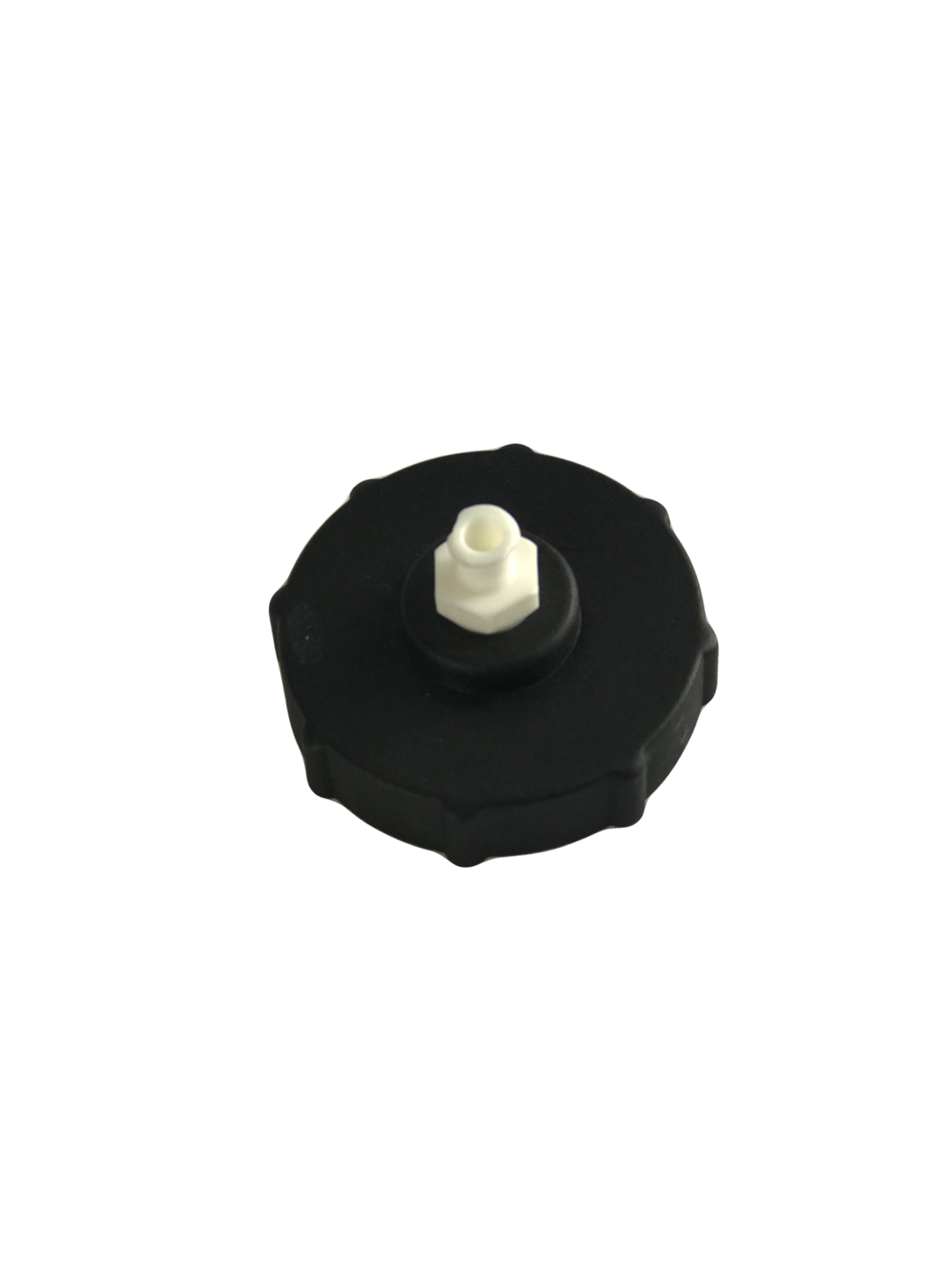Black plastic BC-01 master cylinder cap with a white top. It is an individual cap adapter designed for Chrysler, Dodge, Jeep, and Plymouth master cylinder reservoirs.  These are low-pressure adapters designed for 15-17 psi.