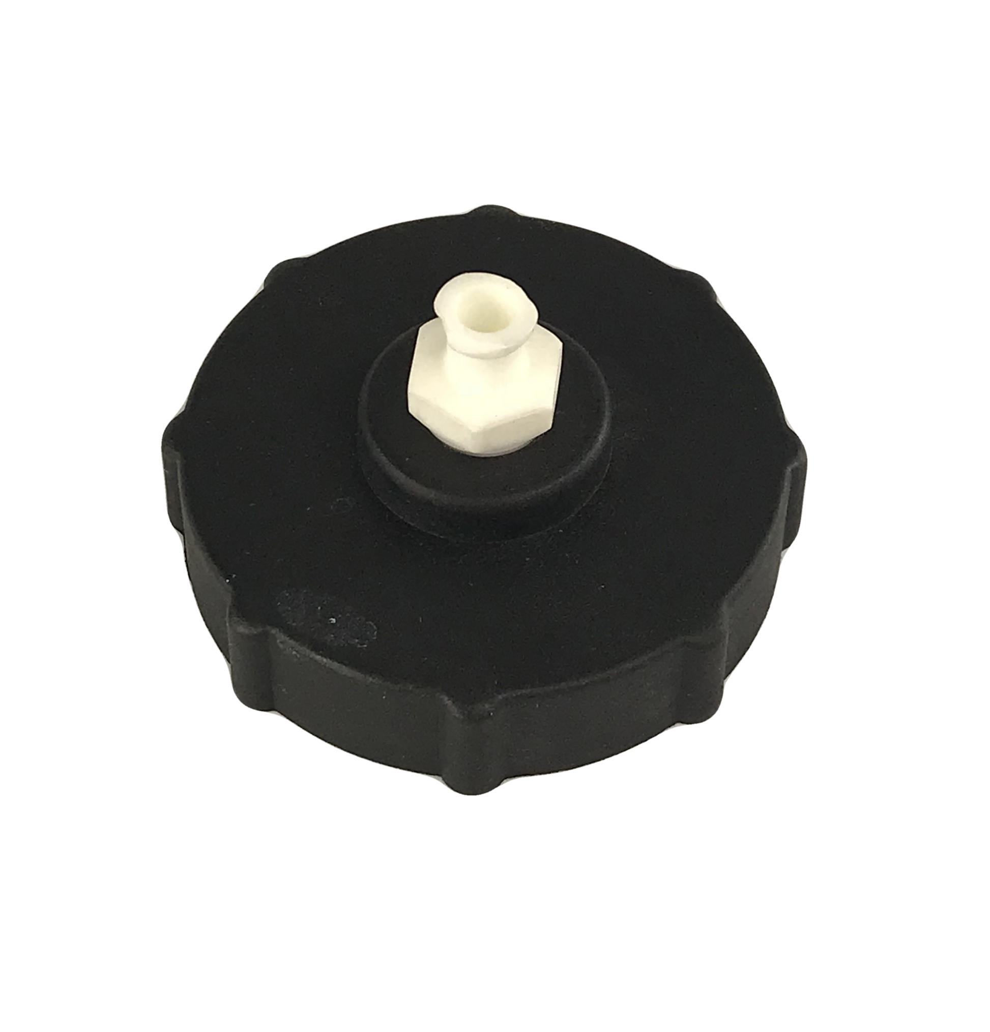 Black plastic BC-01 master cylinder cap with a white top. It is an individual cap adapter designed for Chrysler, Dodge, Jeep, and Plymouth master cylinder reservoirs. These are low-pressure adapters designed for 15-17 psi.