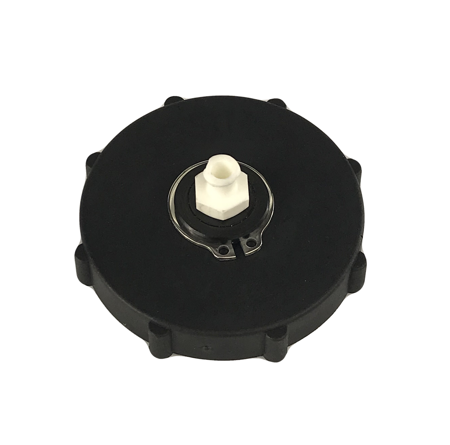 Black BC-03 Master Cylinder Cap Adapter with a white threaded top sits on a gray background. The adapter is designed for bleeding the brakes on Nissan and most late model GM vehicles. It is a low-pressure adapter, designed for 15-17 psi. It is made of durable plastic and is easy to install. The adapter creates a good seal on the master cylinder reservoir and is easy to identify with its  threaded top.