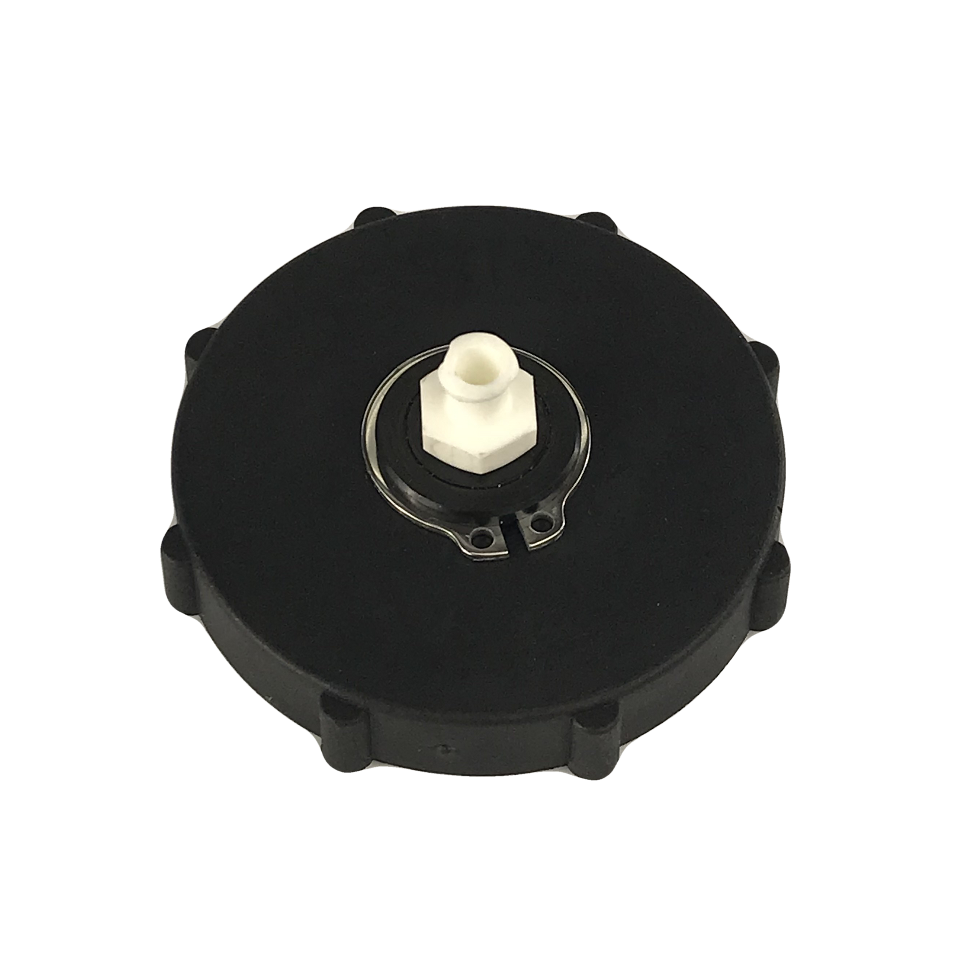 Black BC-03 Master Cylinder Cap Adapter with a white threaded top sits on a gray background. The adapter is designed for bleeding the brakes on Nissan and most late model GM vehicles. It is a low-pressure adapter, designed for 15-17 psi. It is made of durable plastic and is easy to install. The adapter creates a good seal on the master cylinder reservoir and is easy to identify with its  threaded top.