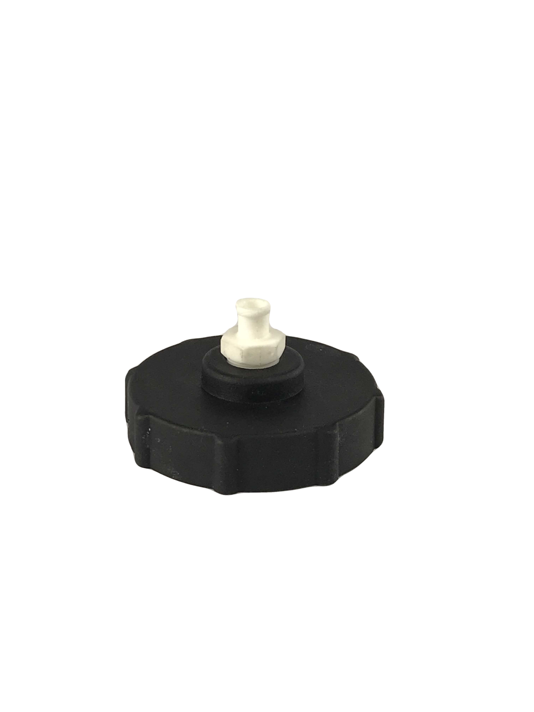 Black plastic BC-01 master cylinder cap with a white top. It is an individual cap adapter designed for Chrysler, Dodge, Jeep, and Plymouth master cylinder reservoirs. These are low-pressure adapters designed for 15-17 psi.