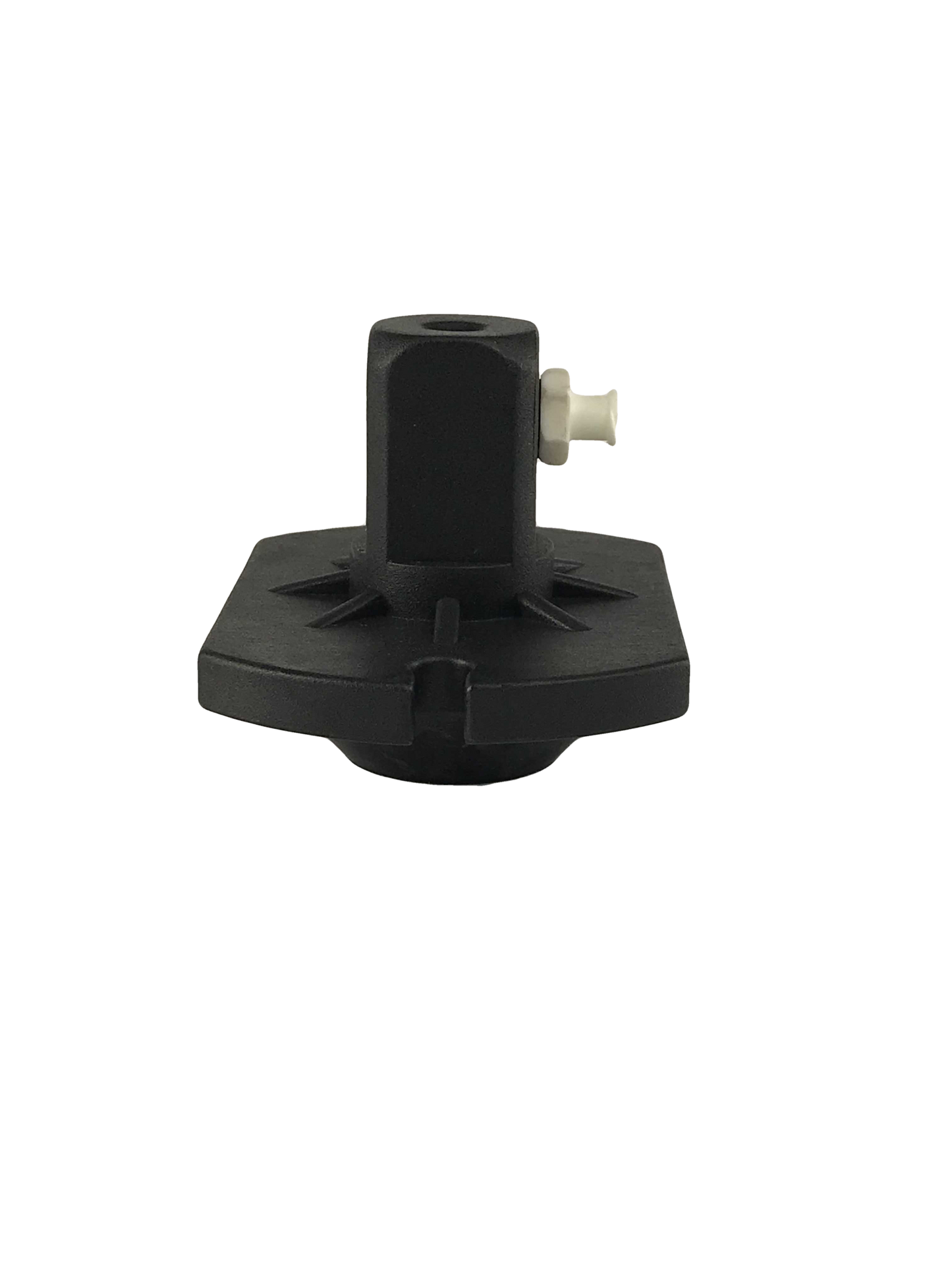 This is a black and white image of a tool called a BC-0712 Master Cylinder Cap Adapter. It's used for car maintenance, specifically bleeding brakes. The adapter itself is round and black with ridges on the outside. In the middle, there's a white knob made of plastic.