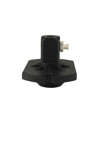 This is a black and white image of a tool called a BC-0712 Master Cylinder Cap Adapter. It's used for car maintenance, specifically bleeding brakes. The adapter itself is round and black with ridges on the outside. In the middle, there's a white knob made of plastic.