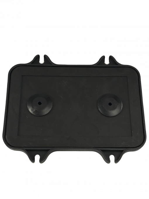 a BC-11 Master Cylinder Cap Adapter, which is a black plate  designed to replace Chrysler and GM Square Type Master Cylinder Caps . It has two holes and is made of high-quality materials.