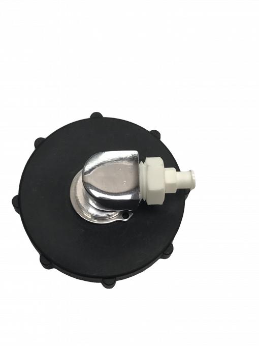A close-up of a black cap with a white threaded connector on a neutral gray background. There are markings on the cap that say “Bc 41 Master Cylinder Cap Adapter”.