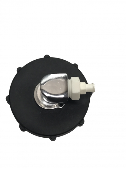 A close-up of a black cap with a white threaded connector on a neutral gray background. There are markings on the cap that say “Bc 41 Master Cylinder Cap Adapter”.