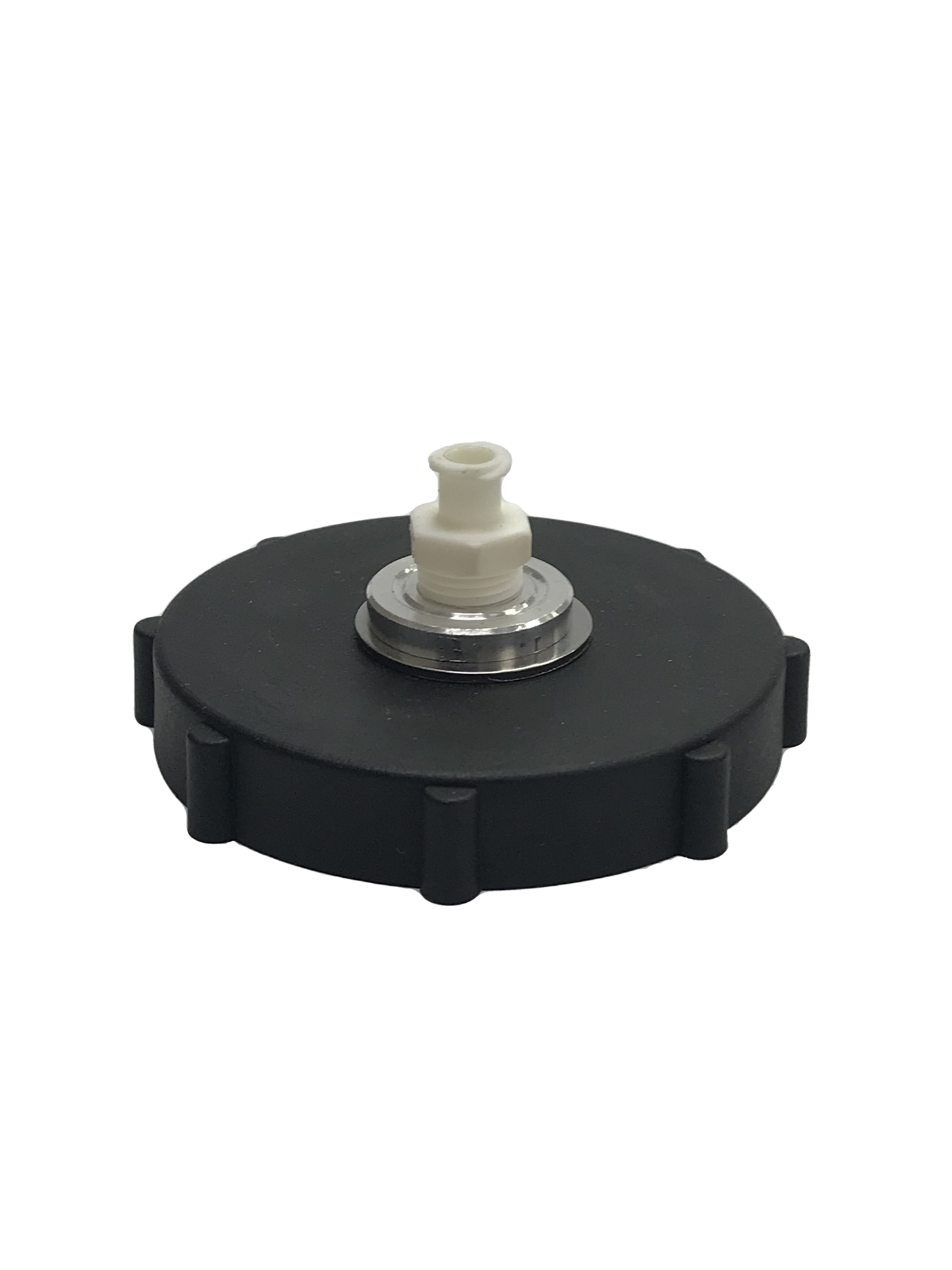 a BC-42 Master Cylinder Cap Adapter- GM 2013+ which is a black cap with a white top. It is a specialty tool used to convert a standard cap into a master cylinder cap on certain General Motors vehicles from 2013 onwards.