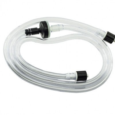 The image shows a clear plastic hose with a black quick-couple connector on one end. The quick-couple connector has a valve in it. The other end of the hose is open. The hose is against a white background.