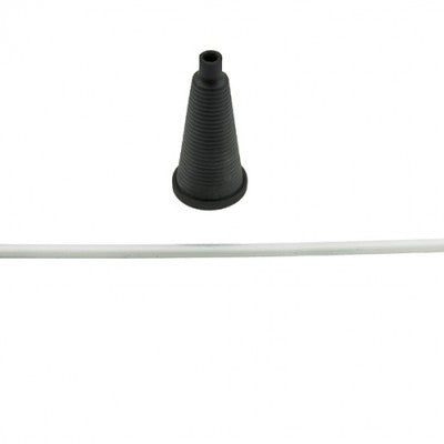 A white stick and a black cone-shaped device are the Phoenix Systems 7001b brake bleeder adapter, which is used to transfer brake fluid during auto repair.