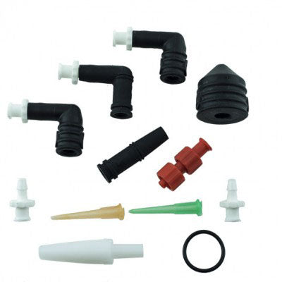 A range of rubber fittings are displayed in the picture against a white backdrop. The fittings look to be black and come in a variety of sizes and shapes.